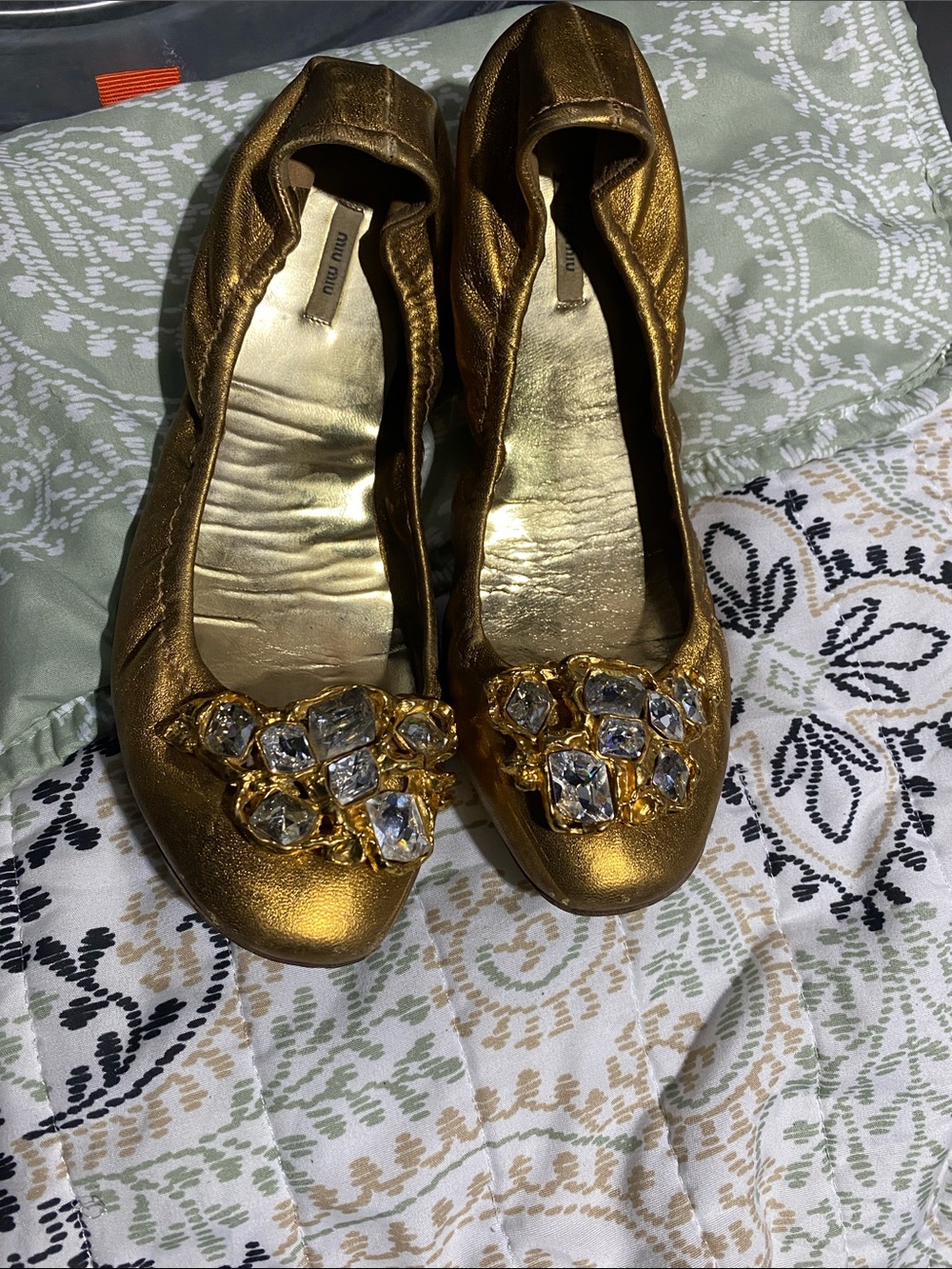 Miu Miu Metallic Gold Jewel-Embellished Ballet Flats Sz 38